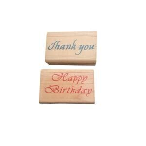 Comotion Lot Of 2 Rubber Stamp Thank You Happy Birthday Wood
